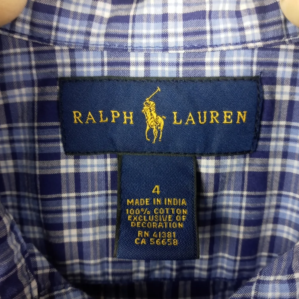 Ralph Lauren boys size 4 blue and white small plaid button up shirt collared